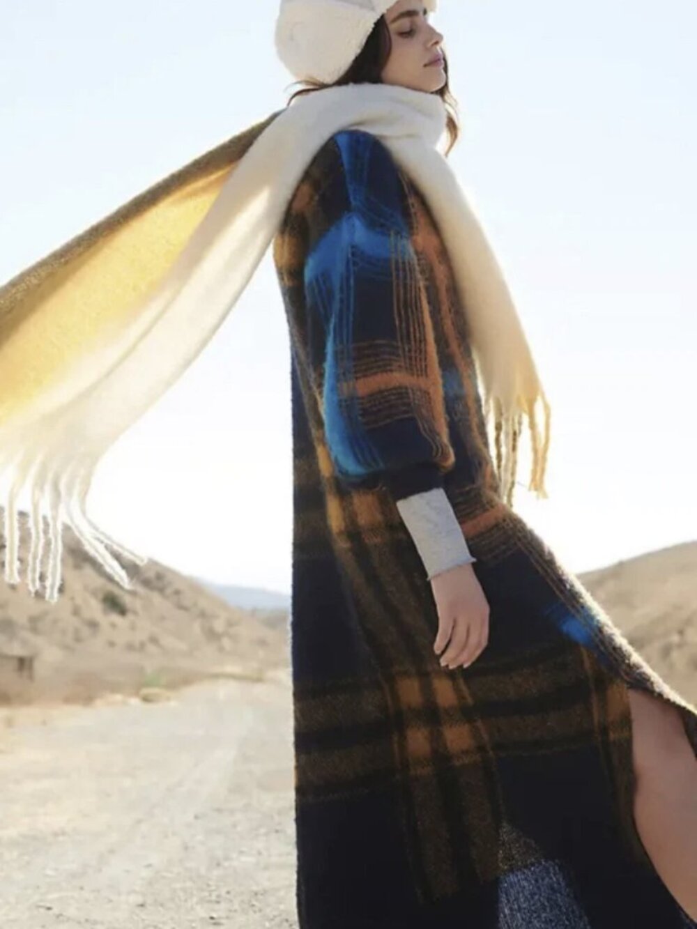 Free People Cozy Kaleidoscope Sweater Maxi Dress Blue Orange Plaid Print V Neck